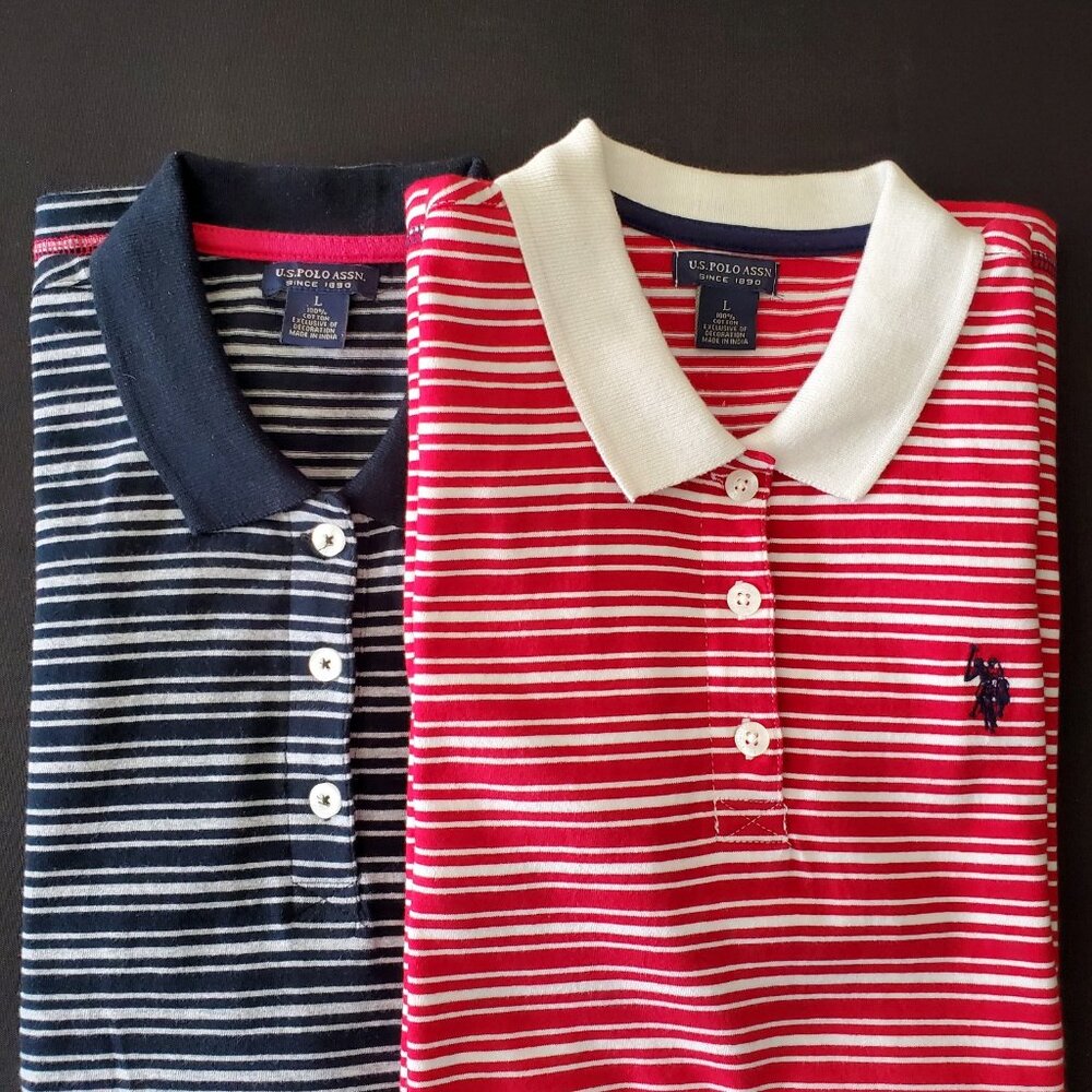 U.S. Polo Assn. Women's Short Sleeve Stripe Jersey Polo Shirts, M-L